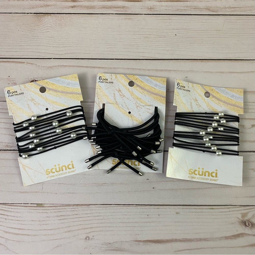 3x Scunci Ponytailers 6-pcs each pack Black 2 w/ Faux Pearls Hair Ties